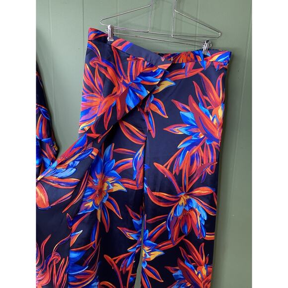 H&M NWOT Colorful Floral Faux Wrap Wide Leg Palazzo Satin Pants XL & Large Shirt - Picture 10 of 16